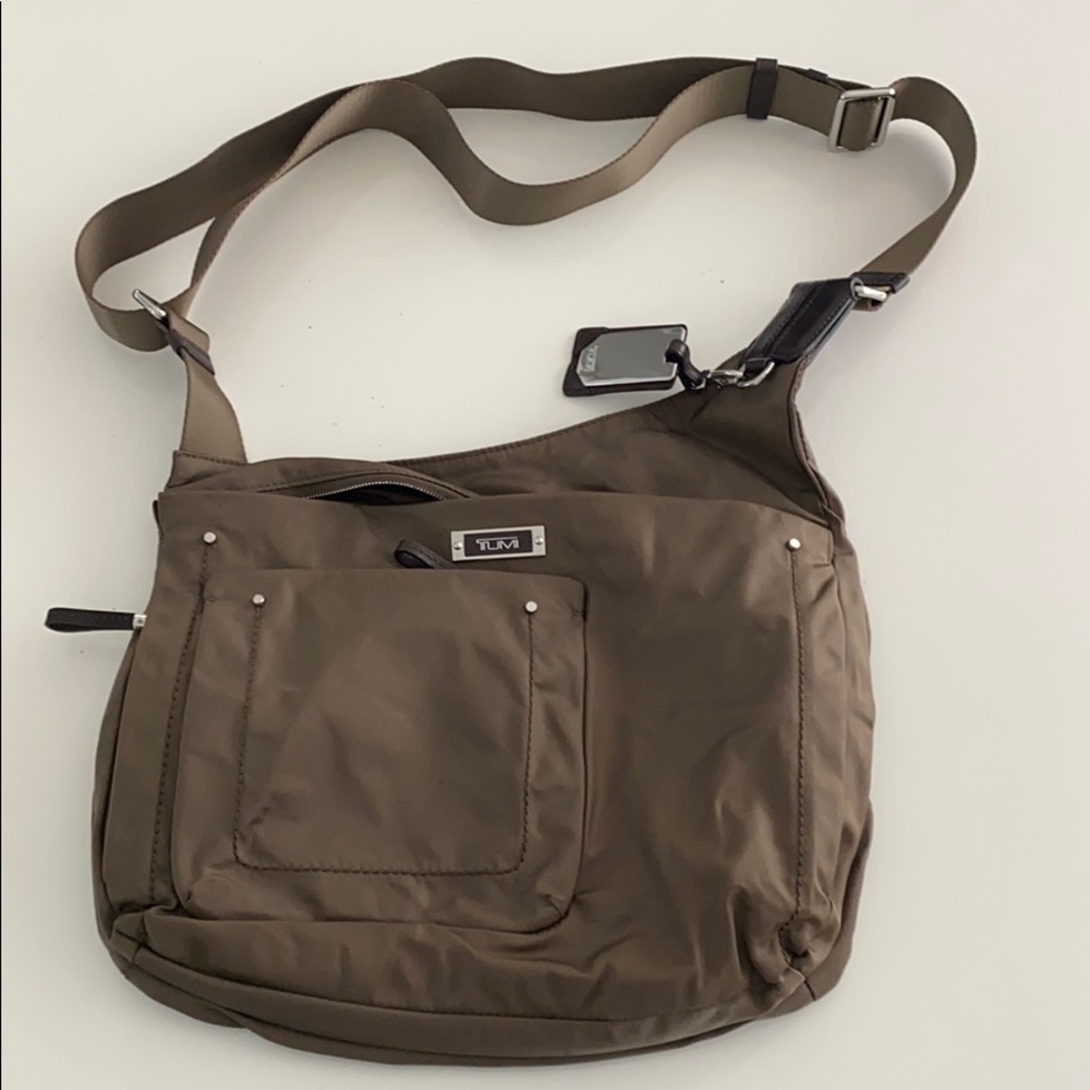 Tumi brown olive nylon crossbody bag